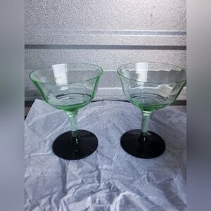 Set of 2 Weston Glass Uranium Glass Green Optic Black Sherbet Dishes